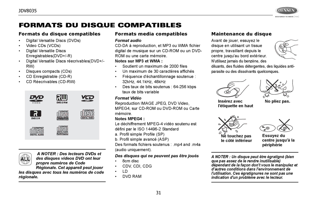 Jensen JDV8035 operation manual Formats DU Disque Compatibles, Formats du disque compatibles, Formats media compatibles 