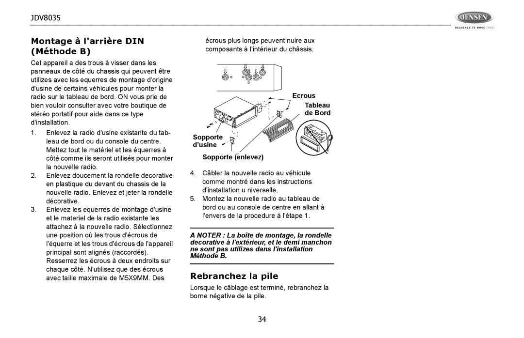 Jensen JDV8035 operation manual Ecrous Tableau de Bord, ’usine, Sopporte enlevez 