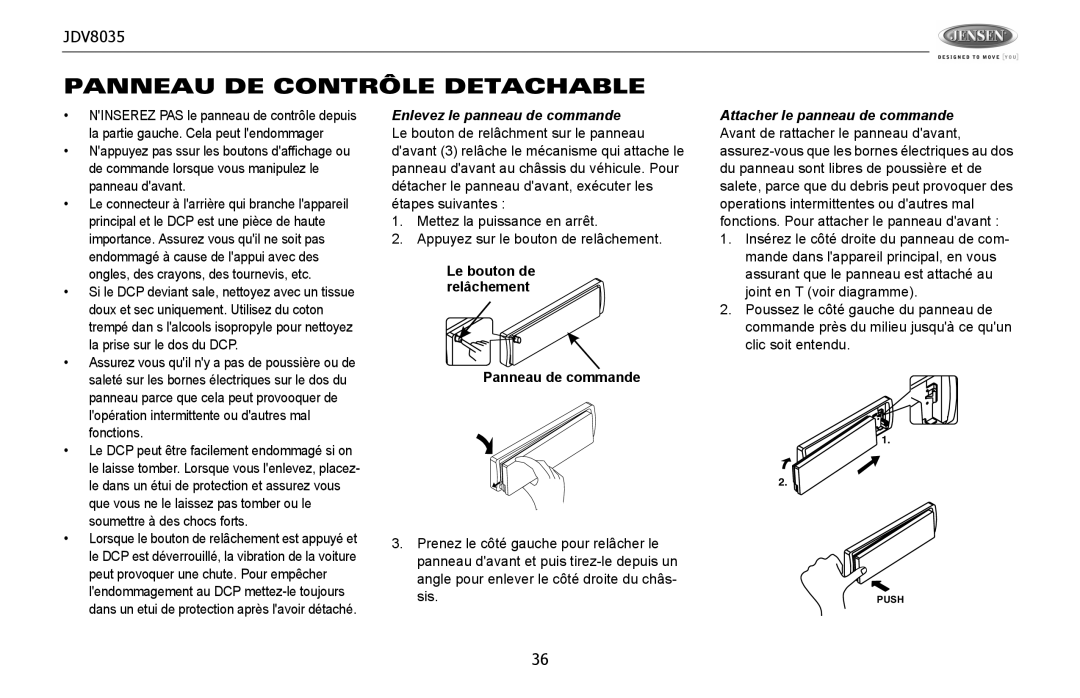 Jensen JDV8035 operation manual Panneau DE Contrôle Detachable, Enlevez le panneau de commande, Panneau de commande 