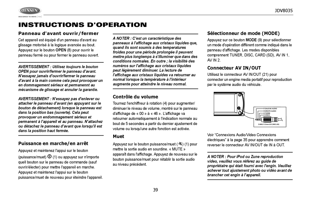 Jensen JDV8035 operation manual Instructions Doperation, Panneau davant ouvrir/fermer 