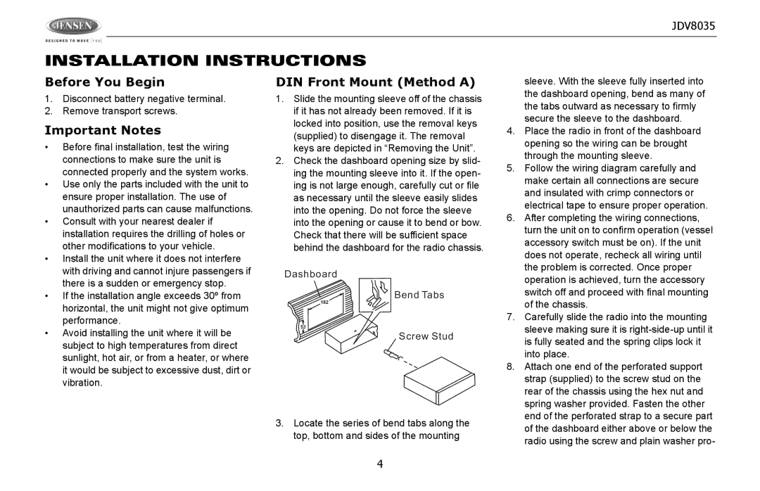 Jensen JDV8035 operation manual Installation Instructions, Important Notes 