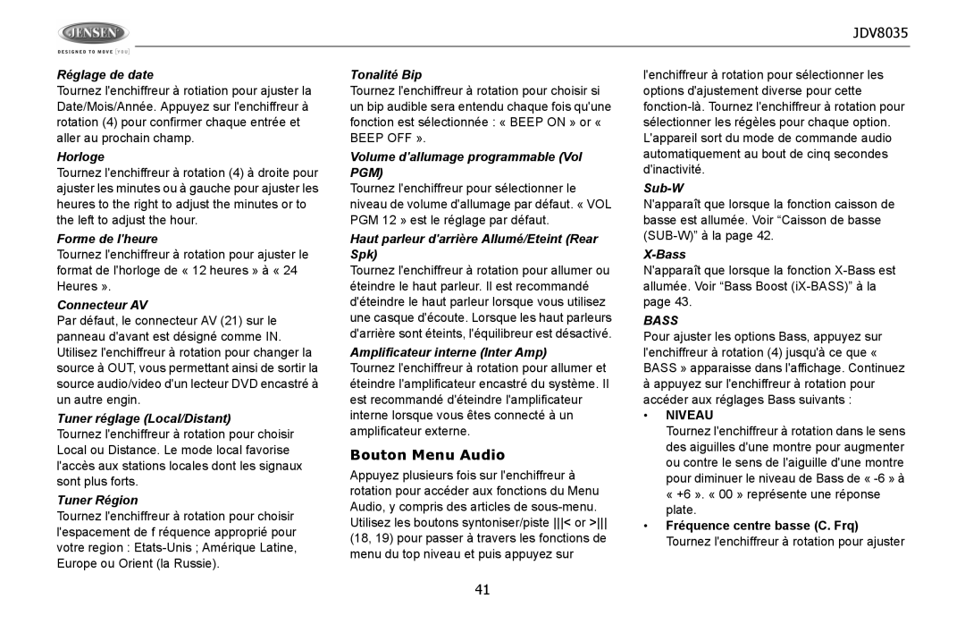 Jensen JDV8035 operation manual Bouton Menu Audio 