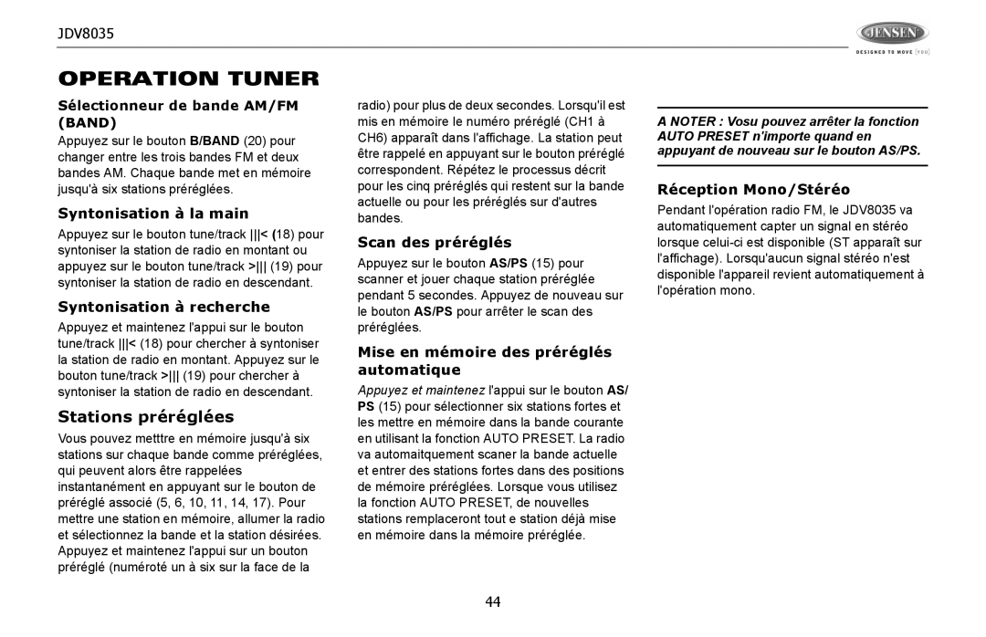 Jensen JDV8035 operation manual Operation Tuner 