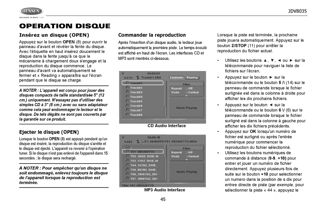 Jensen JDV8035 operation manual Operation Disque, Insérez un disque Open 