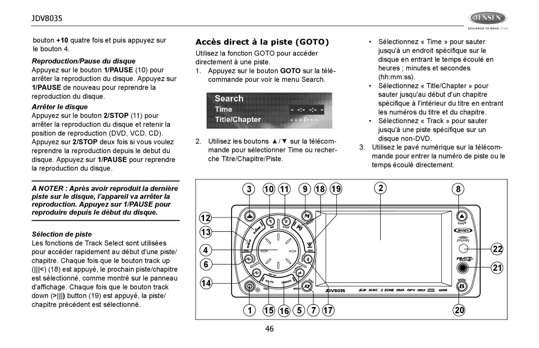 Jensen JDV8035 Accès direct à la piste Goto, Reproduction/Pause du disque, Arrêter le disque, Sélection de piste 