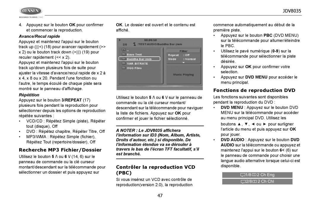 Jensen JDV8035 Recherche MP3 Fichier/Dossier, Contrôler la reproduction VCD PBC, Fonctions de reproduction DVD, Répétition 