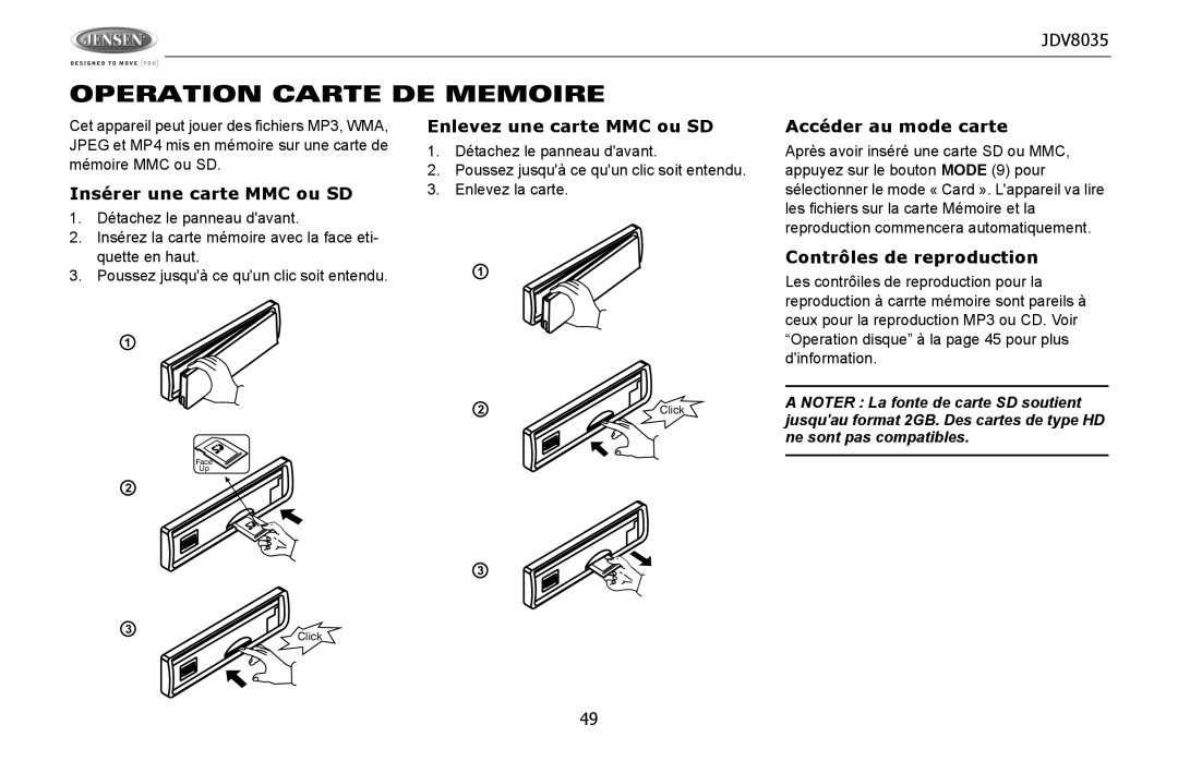 Jensen JDV8035 Operation Carte DE Memoire, Insérer une carte MMC ou SD, Enlevez une carte MMC ou SD, Accéder au mode carte 