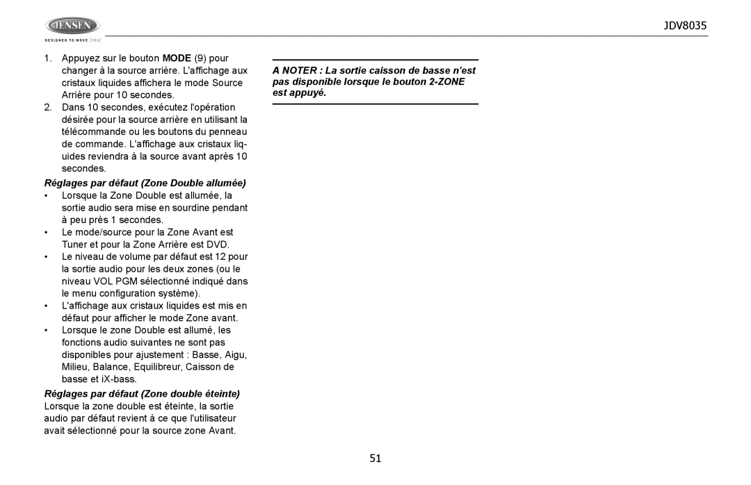 Jensen JDV8035 operation manual Réglages par défaut Zone Double allumée 