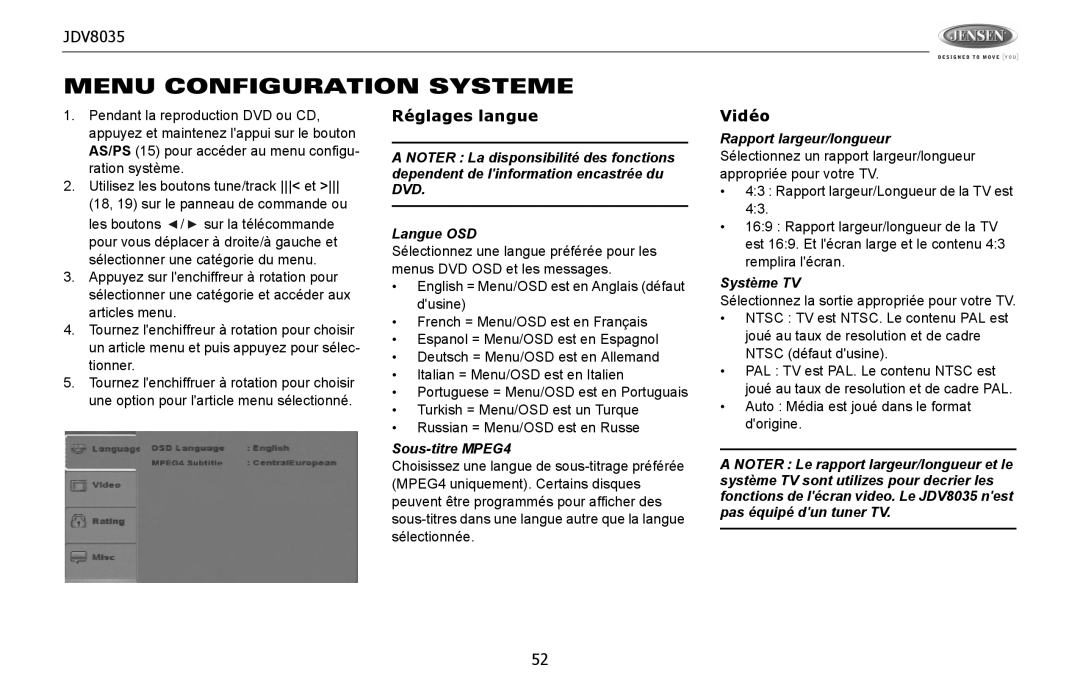 Jensen JDV8035 operation manual Menu Configuration Systeme, Réglages langue, Vidéo 