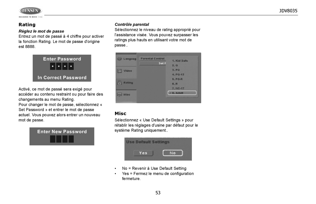 Jensen JDV8035 operation manual Réglez le mot de passe, Contrôle parental 