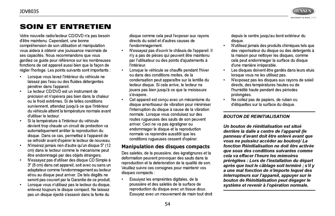 Jensen JDV8035 operation manual Soin ET Entretien, Manipulation des disques compacts 