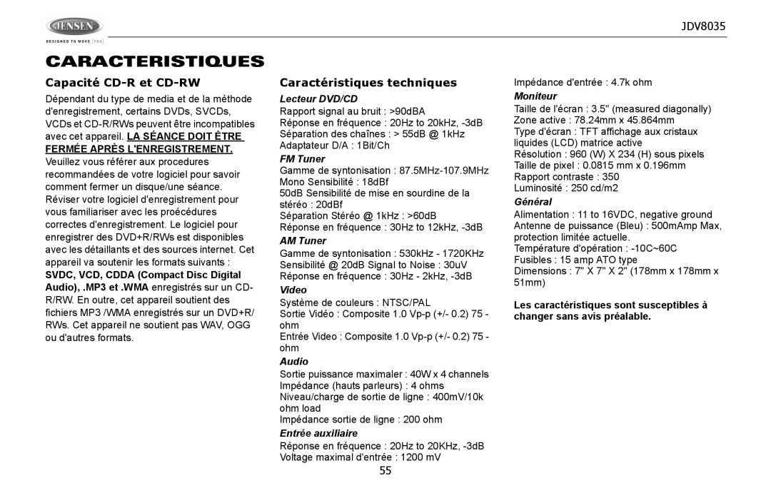 Jensen JDV8035 operation manual Caracteristiques, Capacité CD-R et CD-RW, Caractéristiques techniques 