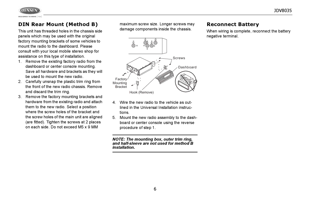 Jensen JDV8035 operation manual DIN Rear Mount Method B 