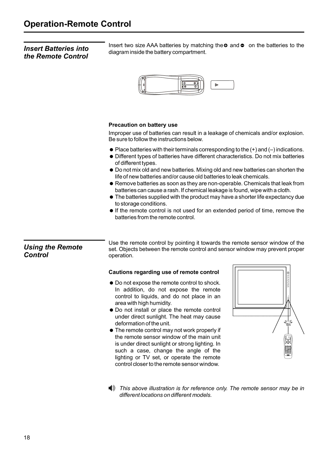 Jensen JE1507DC operation manual Operation-Remote Control, Insert two size AAA batteries by matching 