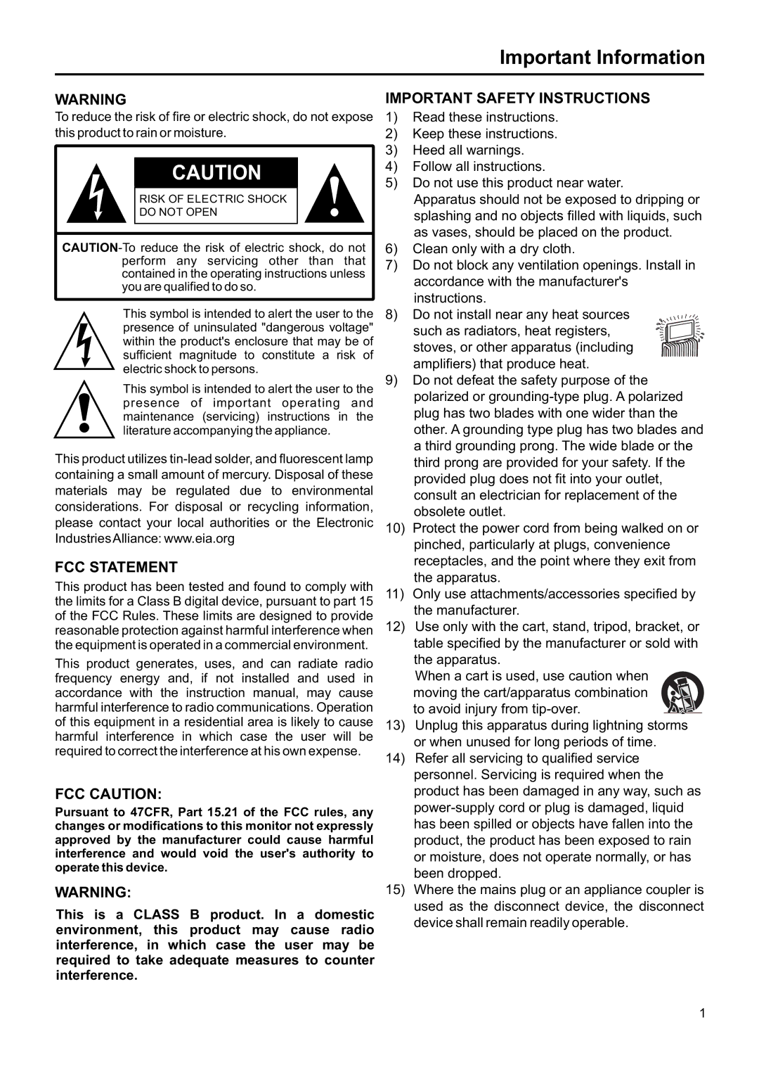 Jensen JE1507DC operation manual Important Information, This product to rain or moisture 