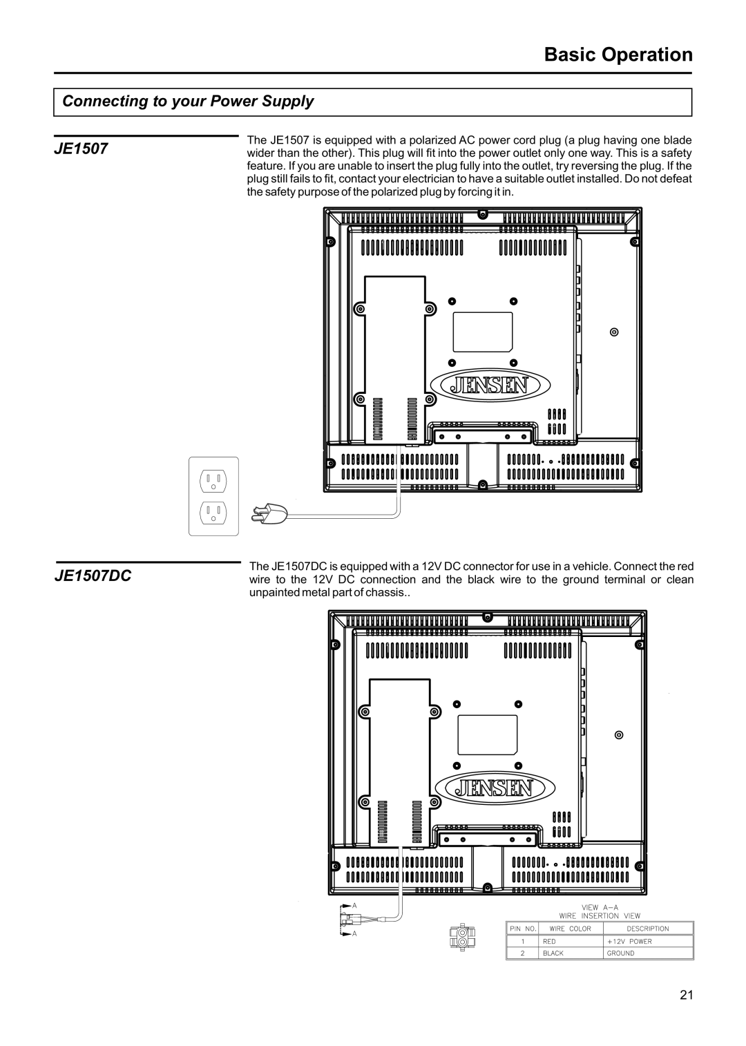 Jensen JE1507DC operation manual Basic Operation, Connecting to your Power Supply 