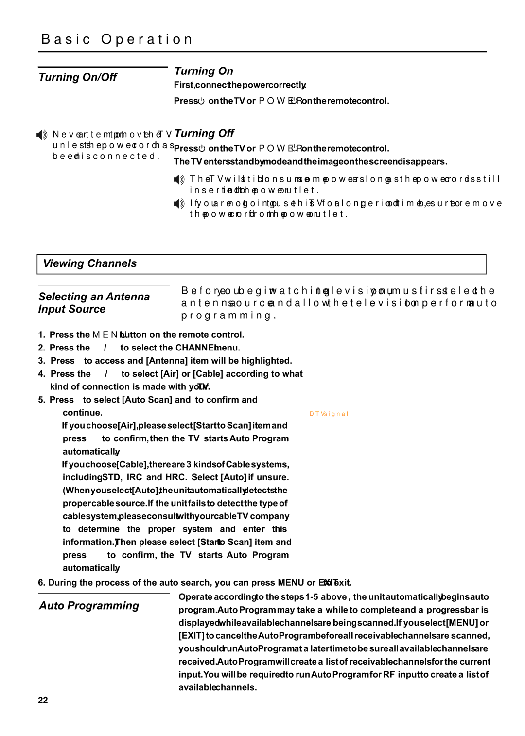 Jensen JE1507DC operation manual Turning On/Off, Turning Off, Viewing Channels Selecting an Antenna Input Source 