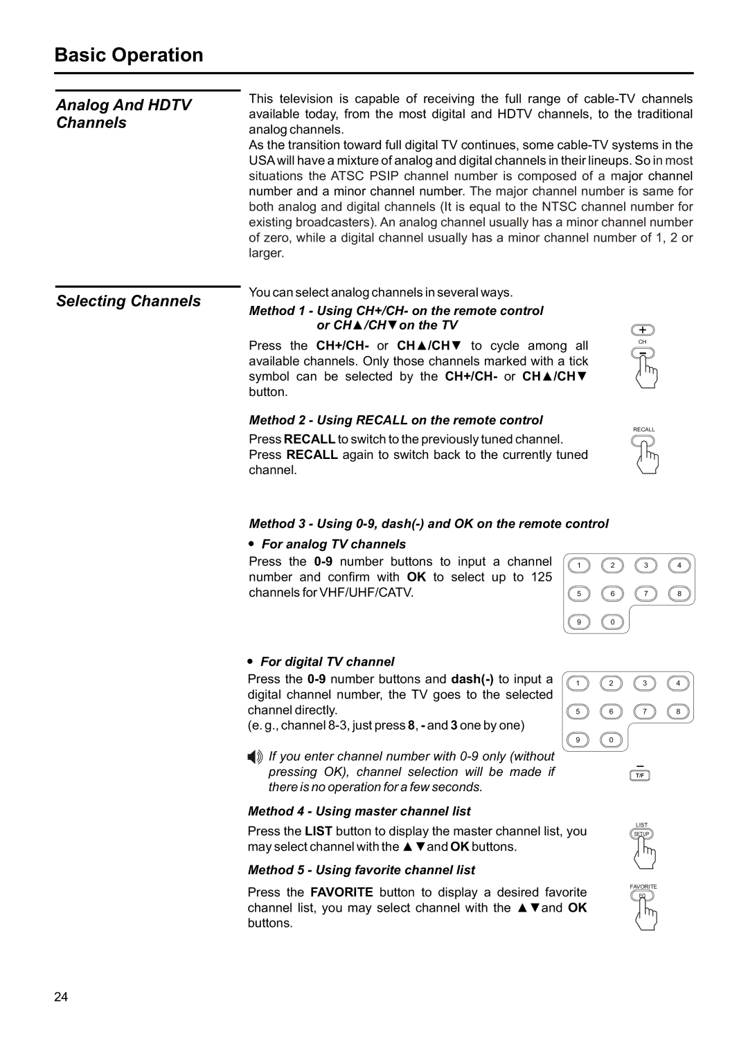 Jensen JE1507DC Analog And Hdtv Channels Selecting Channels, Press Recall to switch to the previously tuned channel 