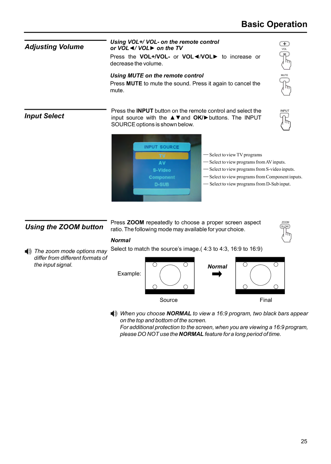 Jensen JE1507 Adjusting Volume Input Select, Using the Zoom button, Select to match the source’s image to 43, 169 to 