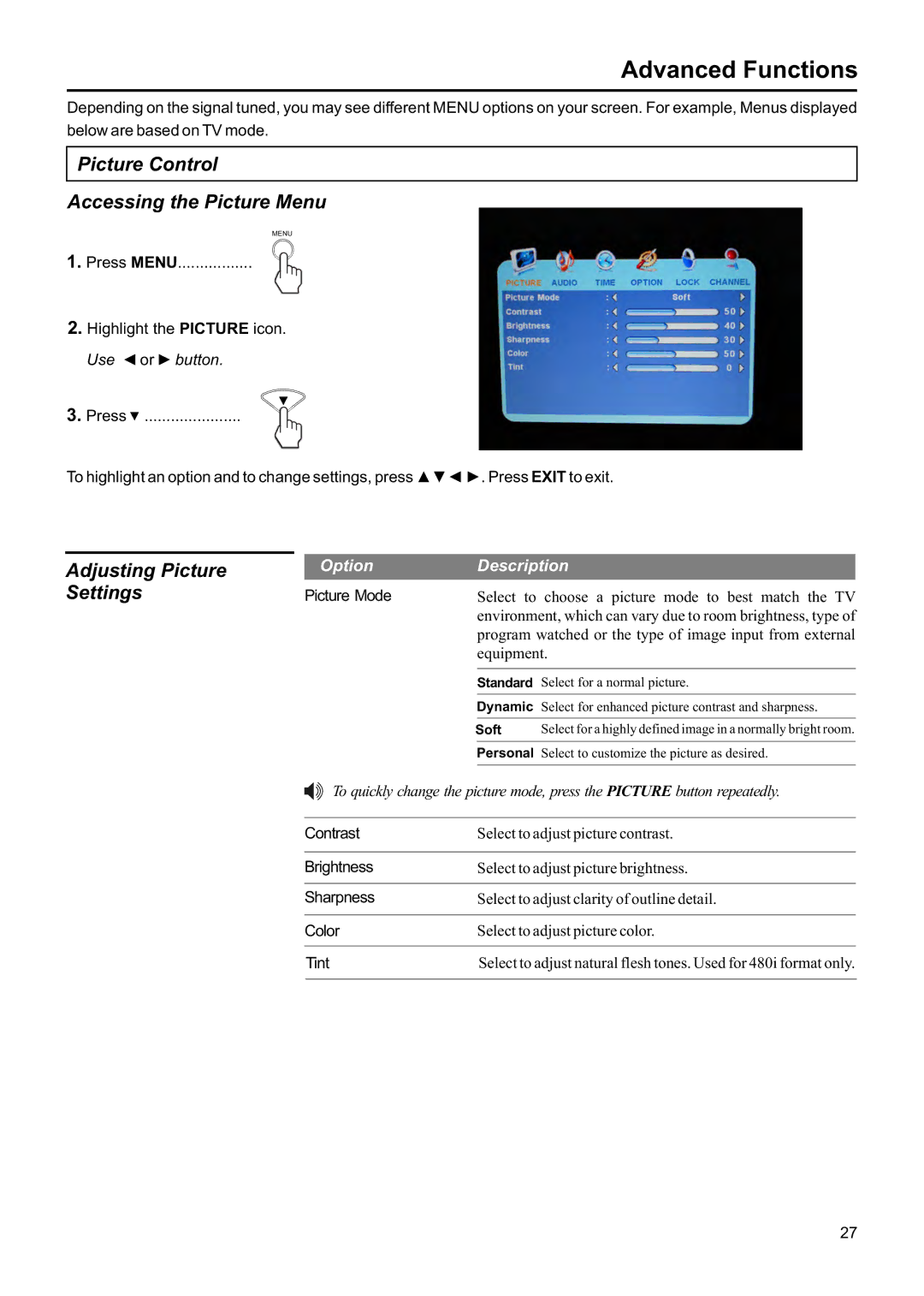 Jensen JE1507DC Advanced Functions, Picture Control Accessing the Picture Menu, Adjusting Picture, Settings 