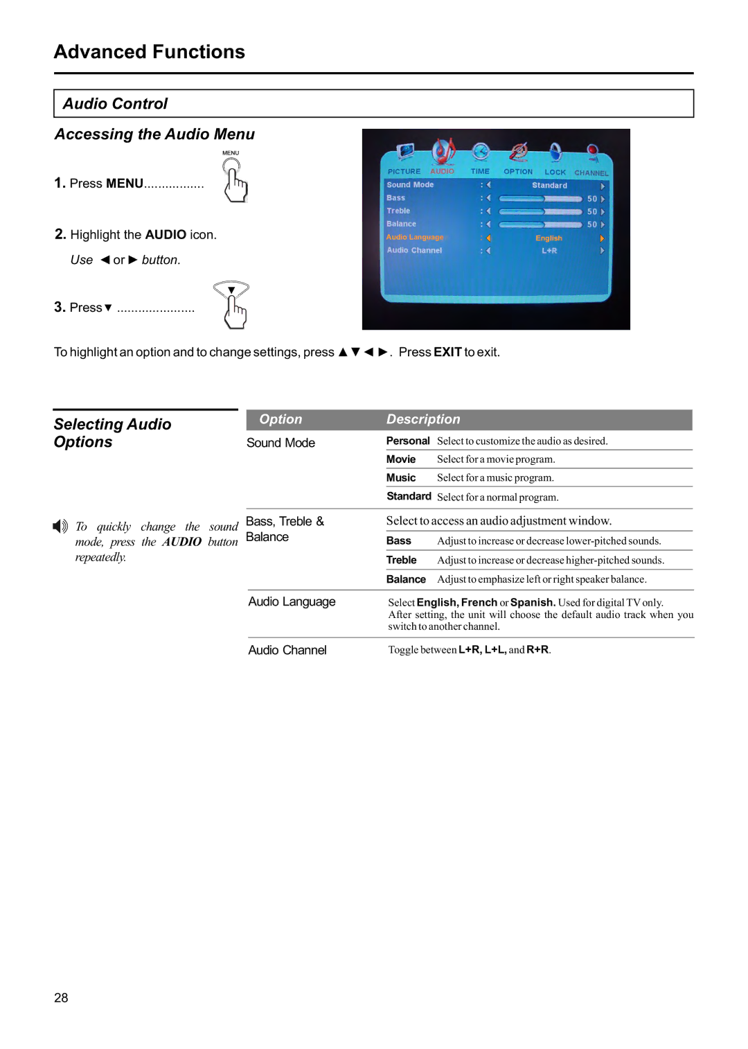 Jensen JE1507DC operation manual Audio Control Accessing the Audio Menu, Selecting Audio, Options 