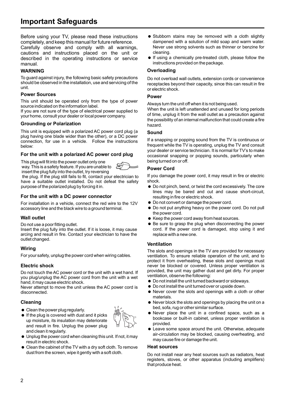 Jensen JE1507DC operation manual Important Safeguards, Power Sources 