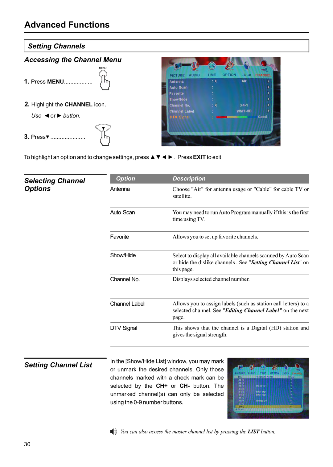 Jensen JE1507DC operation manual Setting Channels Accessing the Channel Menu, Selecting Channel, Setting Channel List 