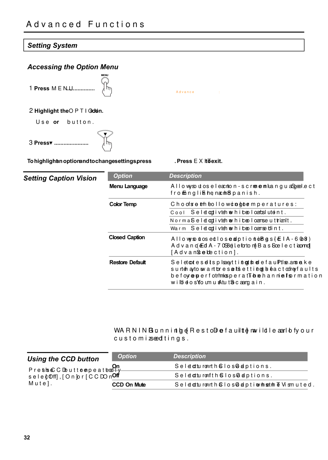 Jensen JE1507DC operation manual Setting System Accessing the Option Menu, Setting Caption Vision, Using the CCD button 