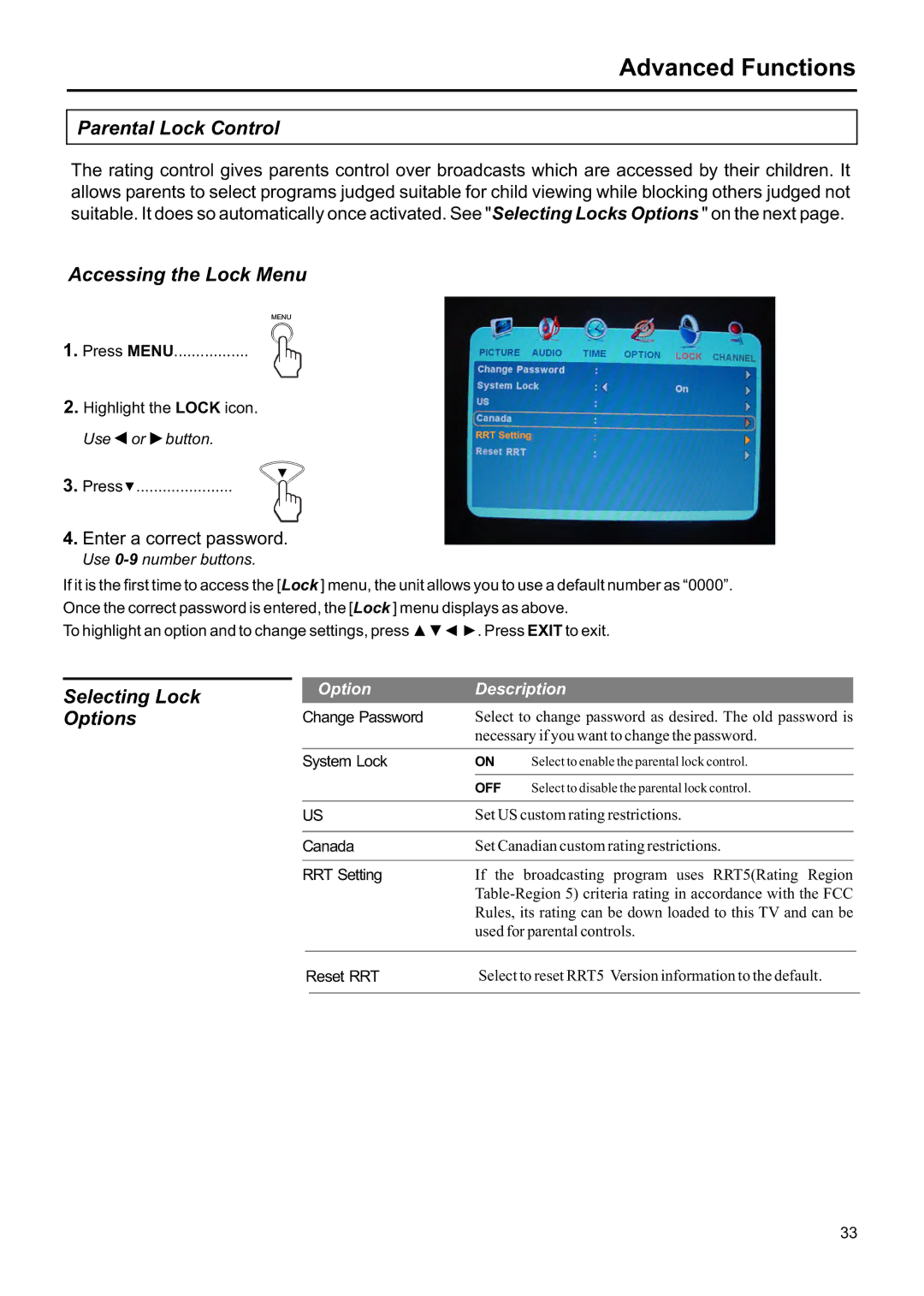 Jensen JE1507DC operation manual Parental Lock Control, Accessing the Lock Menu, Selecting Lock 