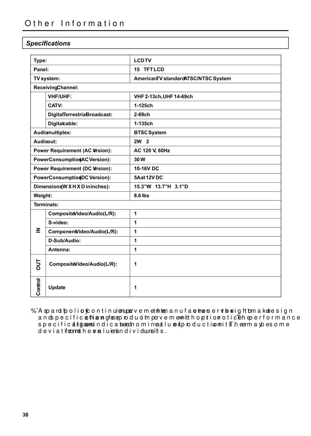 Jensen JE1507DC operation manual Specifications, Catv 