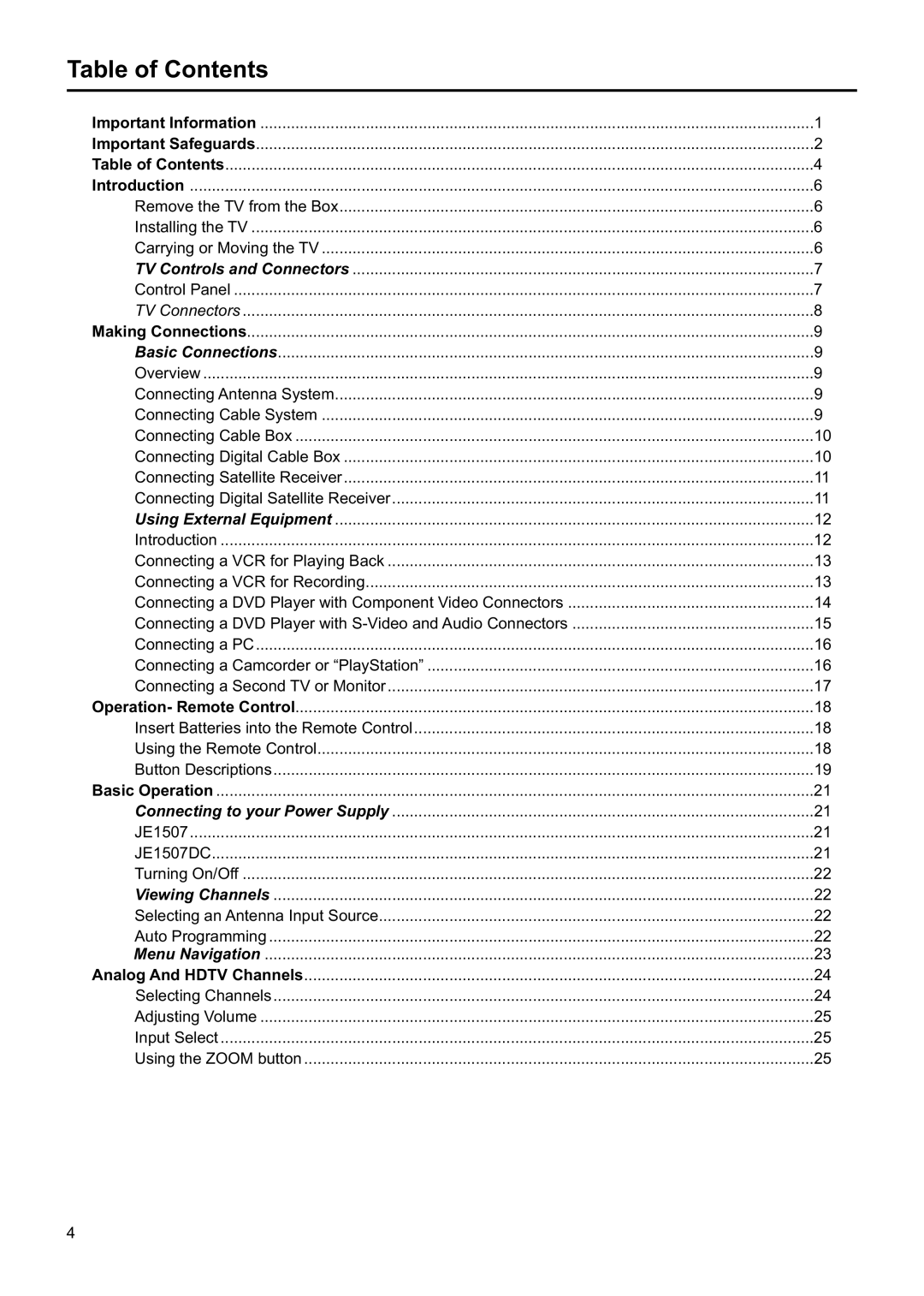 Jensen JE1507DC operation manual Table of Contents 