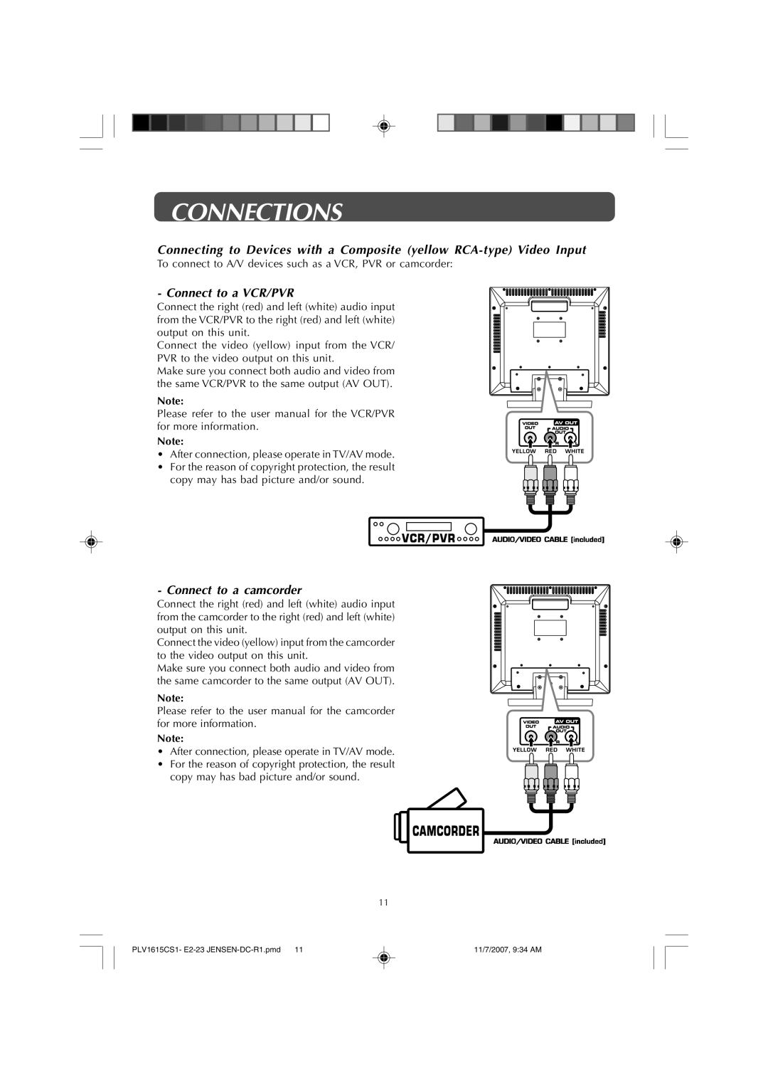 Jensen JE1508 owner manual Connect to a VCR/PVR 