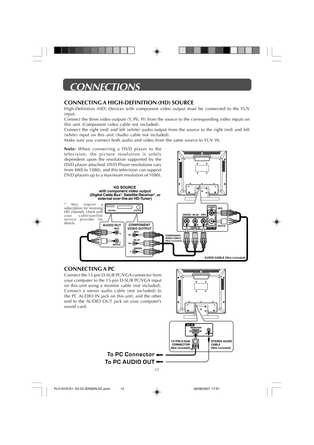 Jensen JE1508 owner manual Connecting a HIGH-DEFINITION HD Source, Connecting a PC 