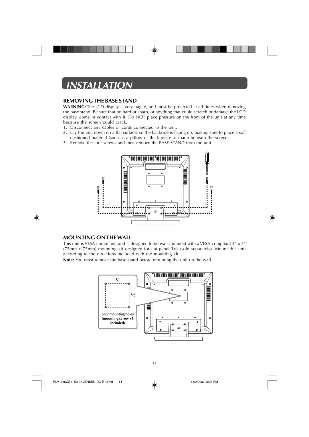 Jensen JE1508 owner manual Installation, Removing the Base Stand, Mounting on the Wall 