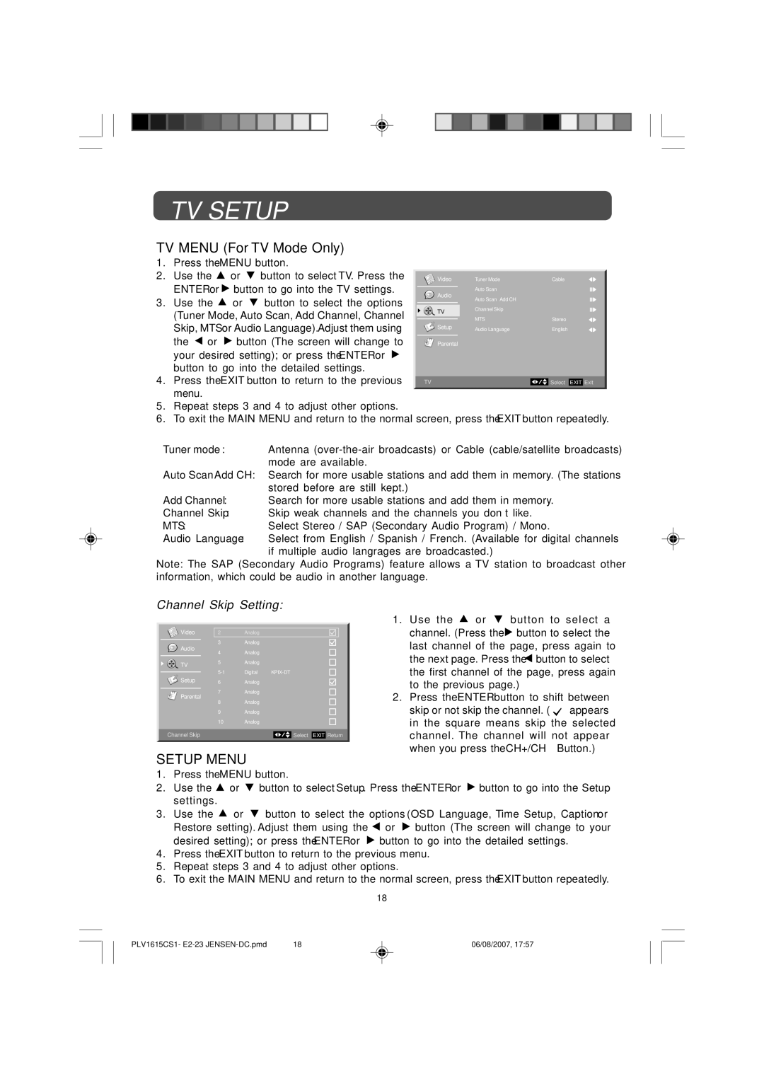 Jensen JE1508 owner manual Setup Menu, Channel Skip Setting 