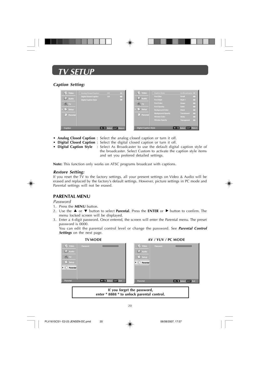 Jensen JE1508 owner manual Parental Menu, Caption Setting, Restore Setting 