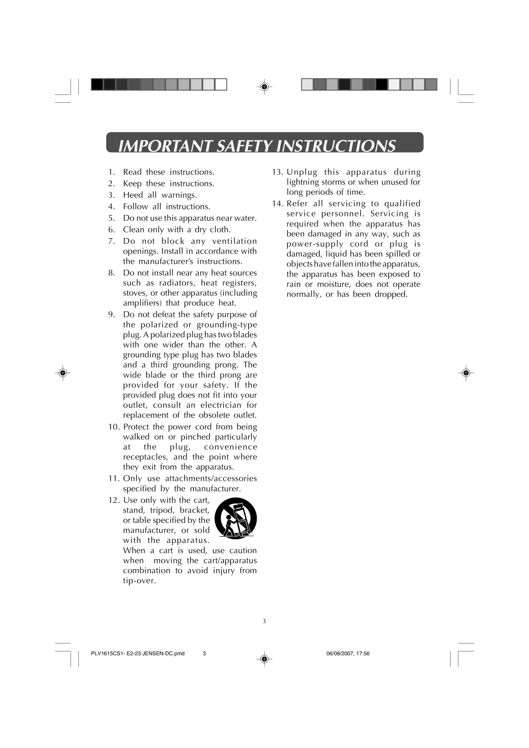 Jensen JE1508 owner manual Important Safety Instructions 