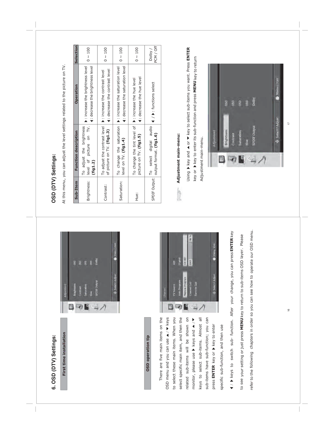 Jensen JE1510 specifications OSD DTV Settings, First time installation OSD operation tip 