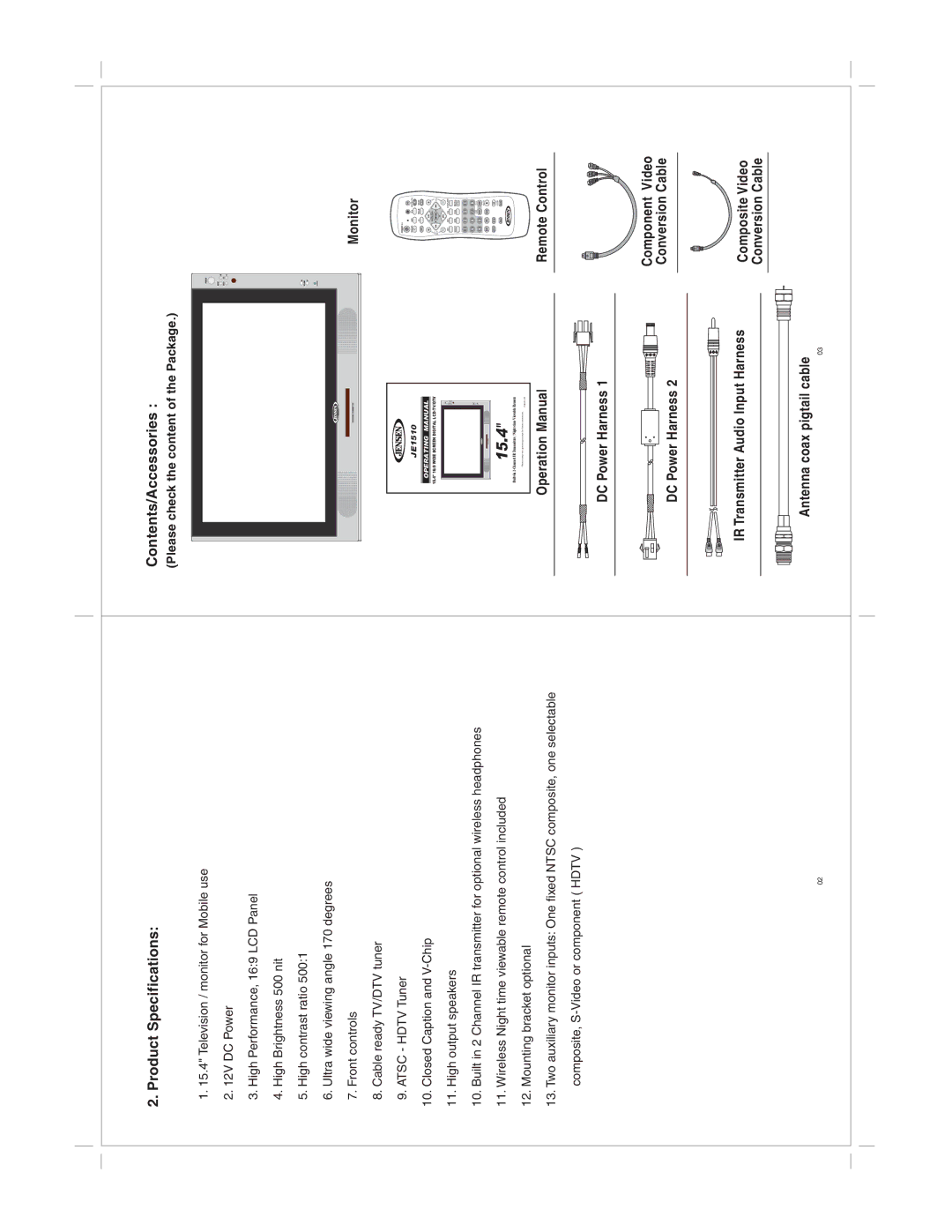 Jensen JE1510 specifications Product Specifications, Contents/Accessories 