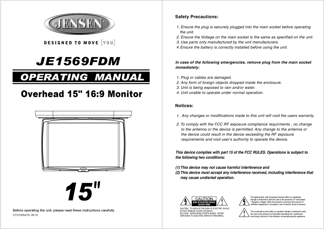 Jensen JE1569FDM warranty 