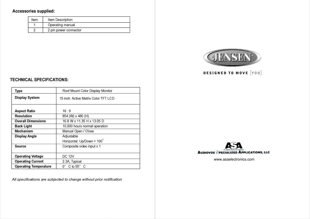 Jensen JE1569FDM warranty Technical Specifications 