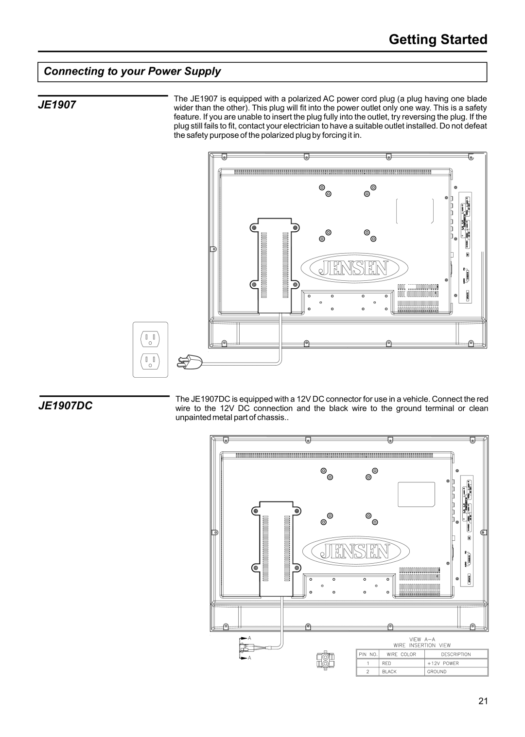 Jensen JE1907DC operation manual Getting Started, Connecting to your Power Supply 