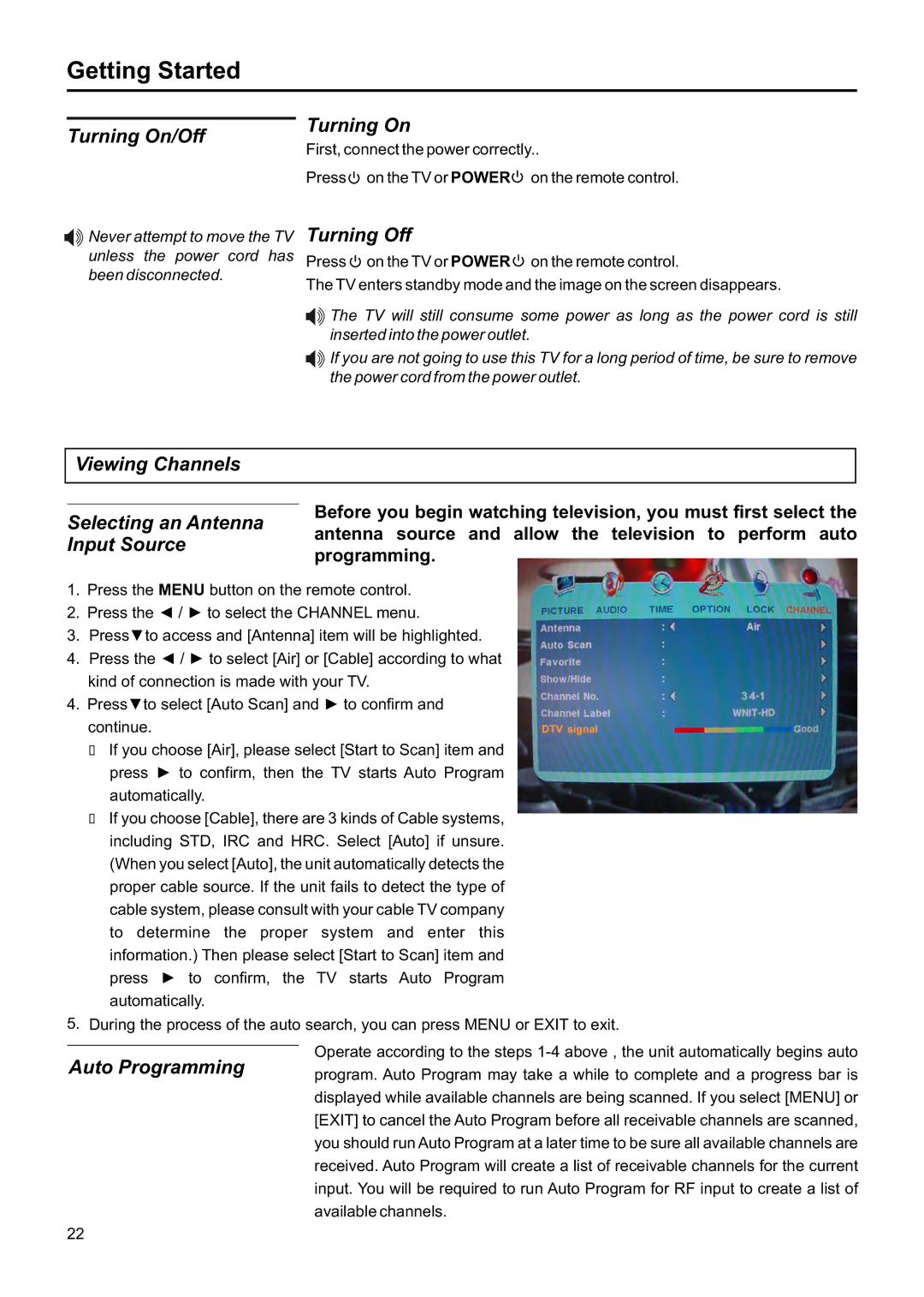 Jensen JE1907DC operation manual Turning On/Off, Turning Off, Viewing Channels Selecting an Antenna Input Source 