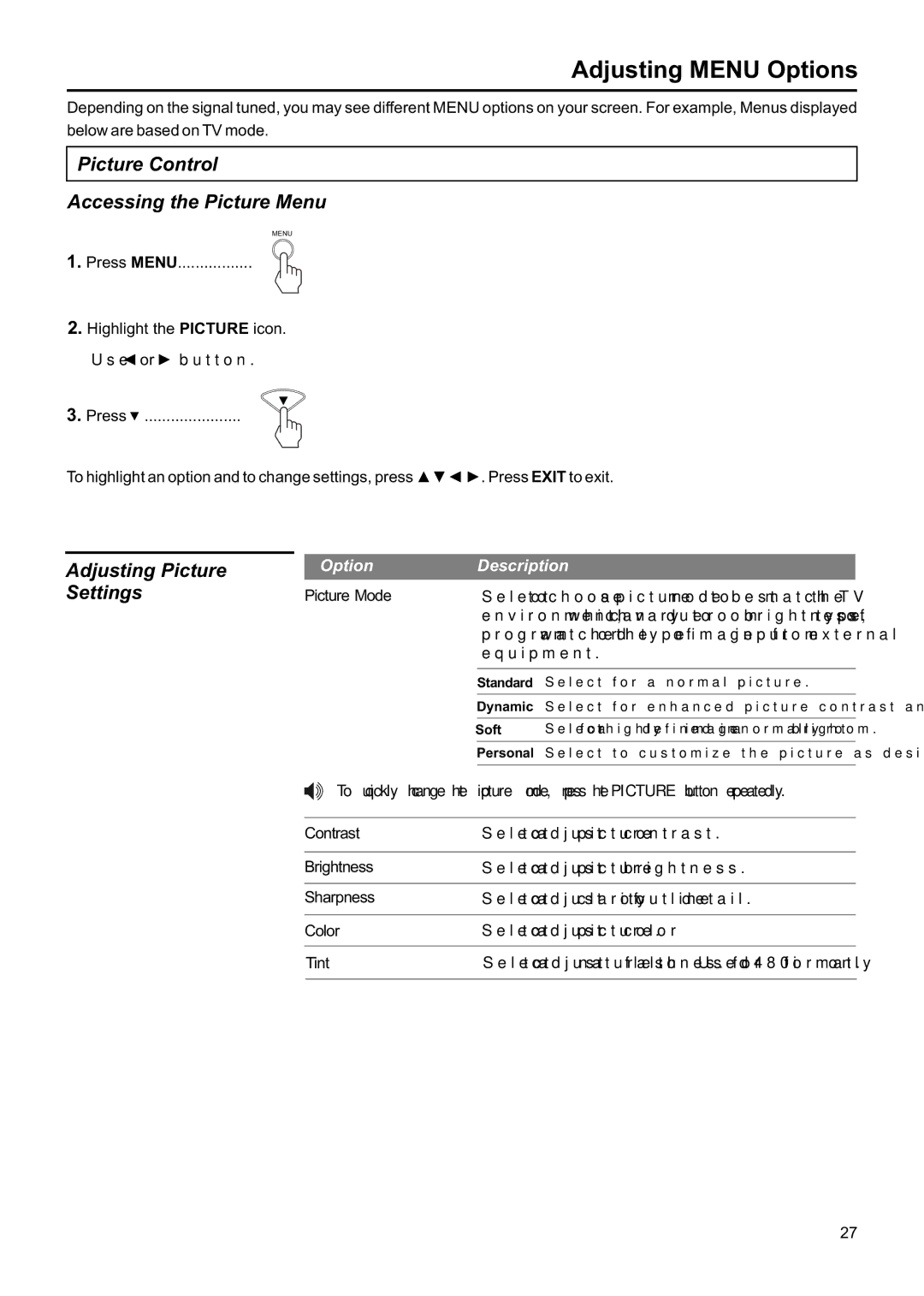 Jensen JE1907DC Adjusting Menu Options, Picture Control Accessing the Picture Menu, Adjusting Picture, Settings 