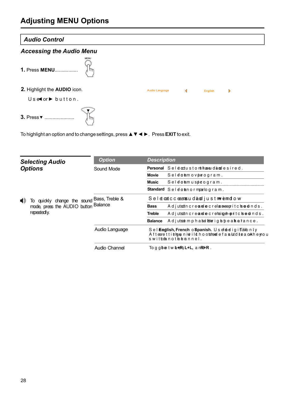 Jensen JE1907DC operation manual Audio Control Accessing the Audio Menu, Selecting Audio, Options 