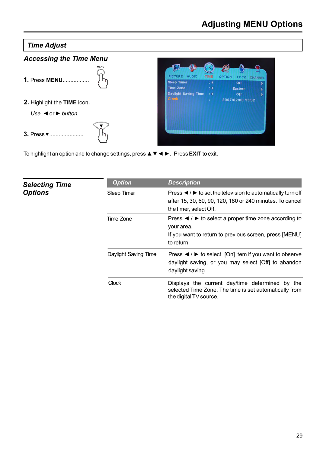 Jensen JE1907DC operation manual Time Adjust Accessing the Time Menu, Selecting Time 