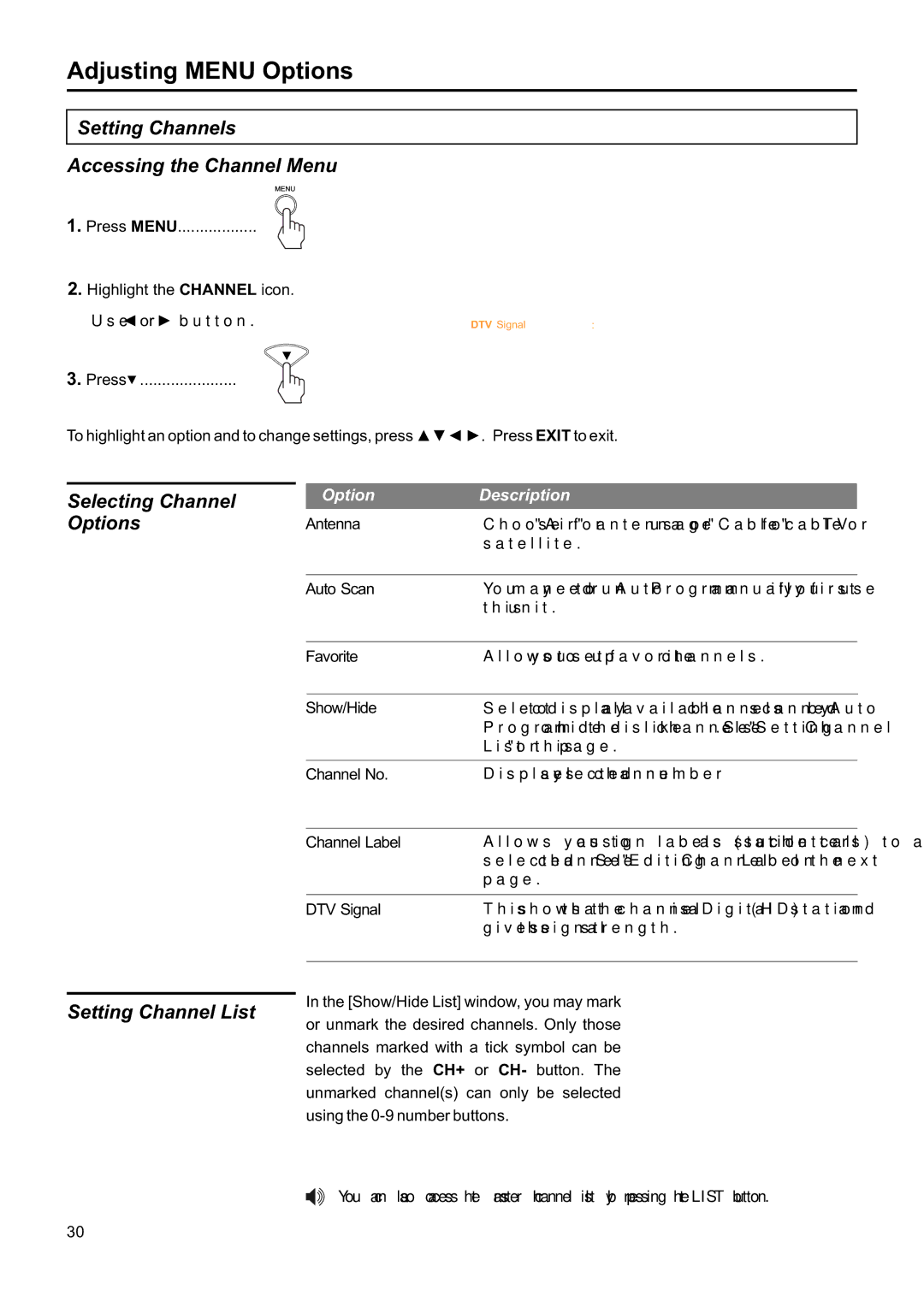 Jensen JE1907DC operation manual Setting Channels Accessing the Channel Menu, Selecting Channel, Setting Channel List 