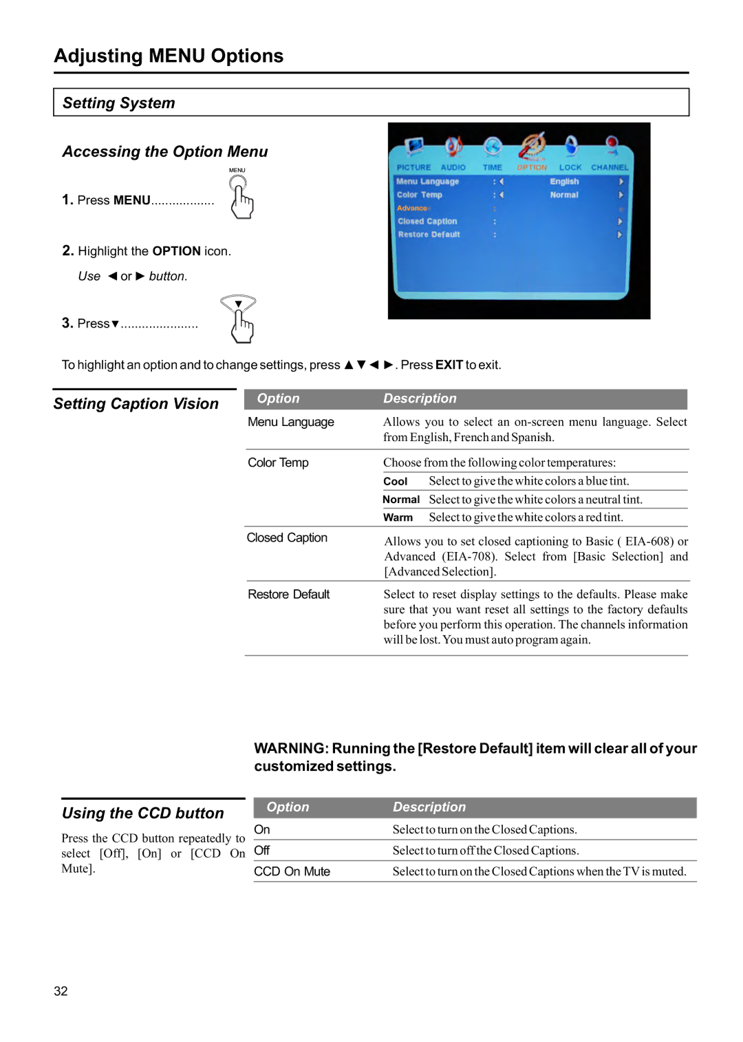 Jensen JE1907DC operation manual Setting System Accessing the Option Menu, Setting Caption Vision, Using the CCD button 