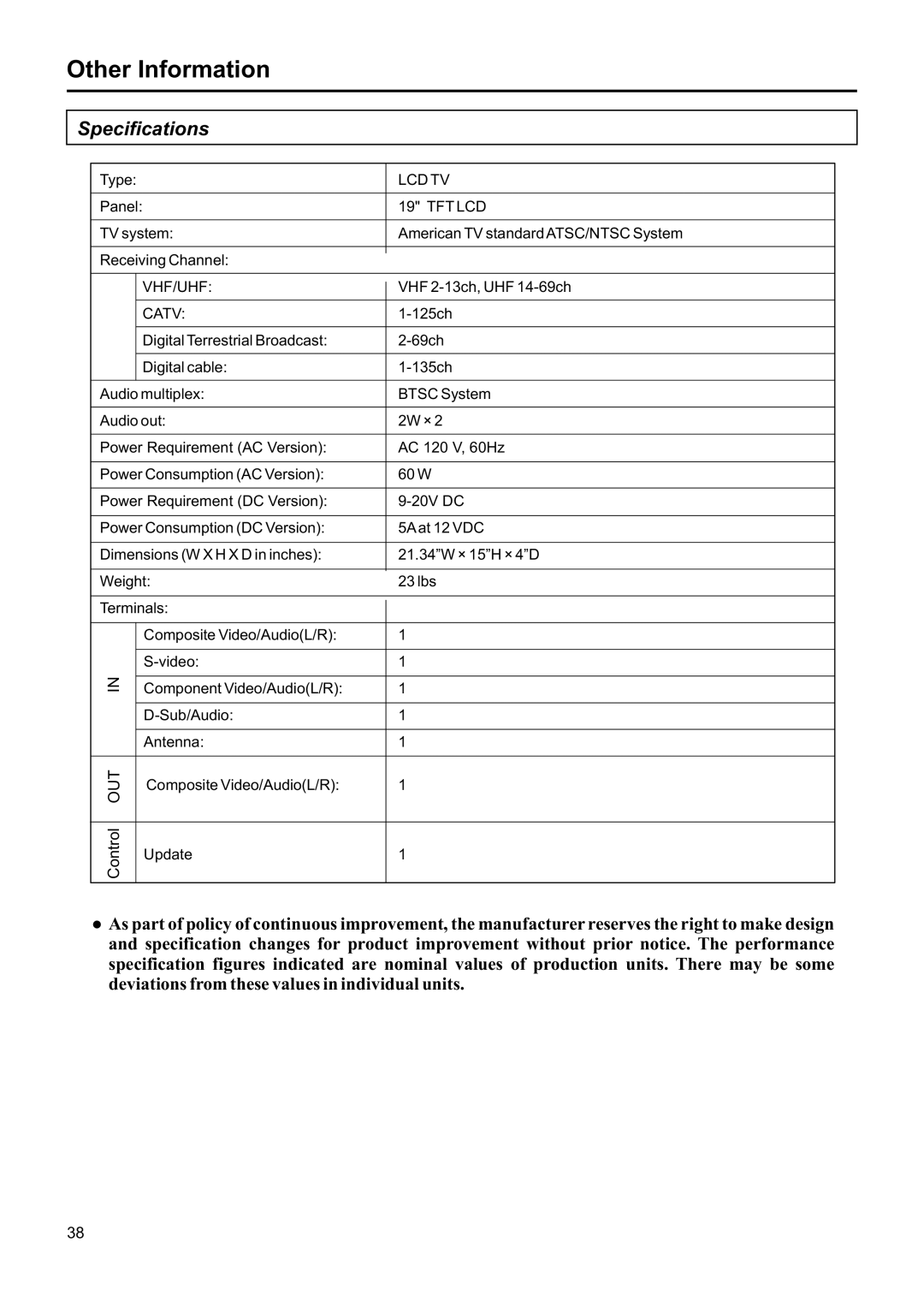 Jensen JE1907DC operation manual Specifications, Catv 