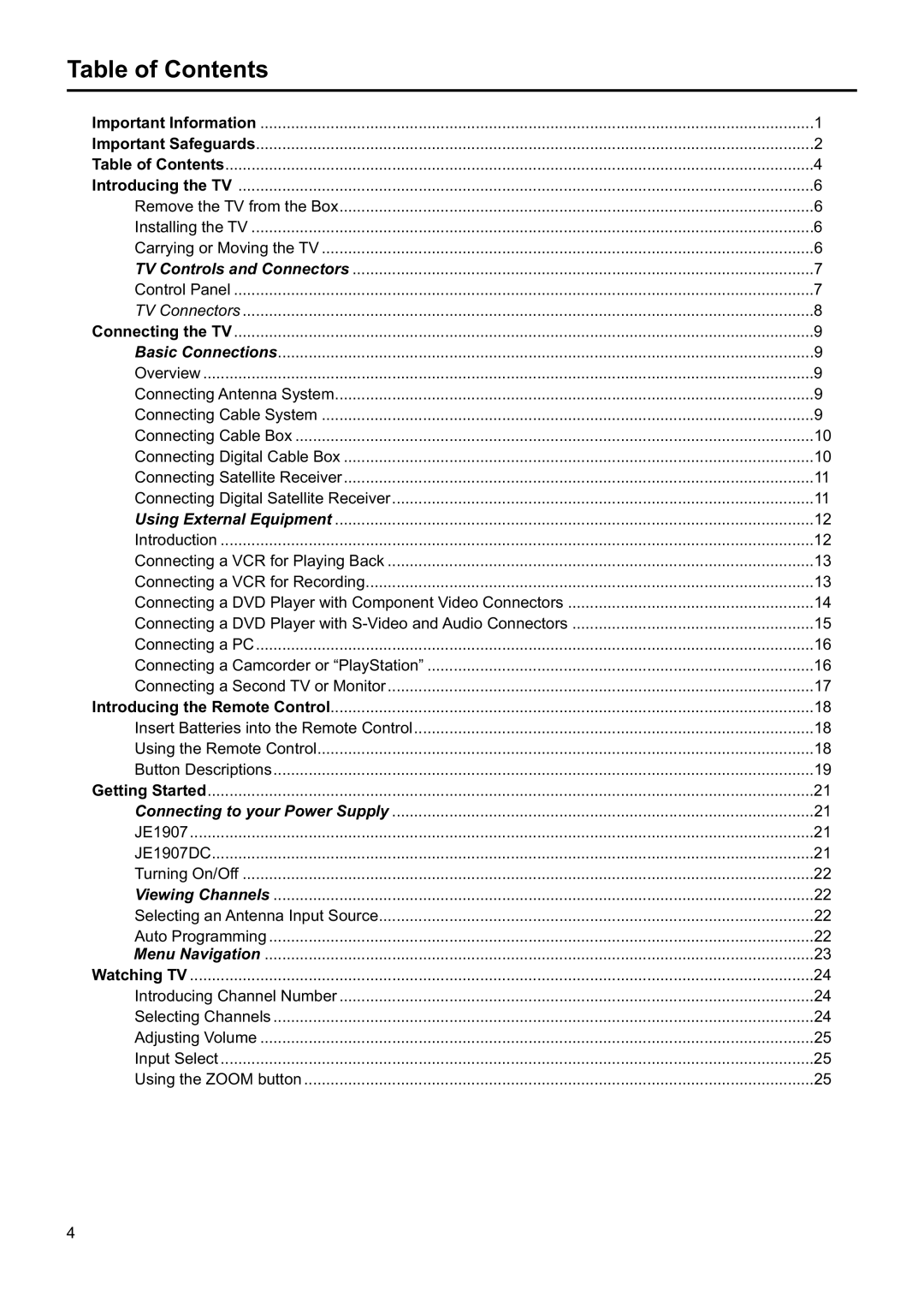 Jensen JE1907DC operation manual Table of Contents 